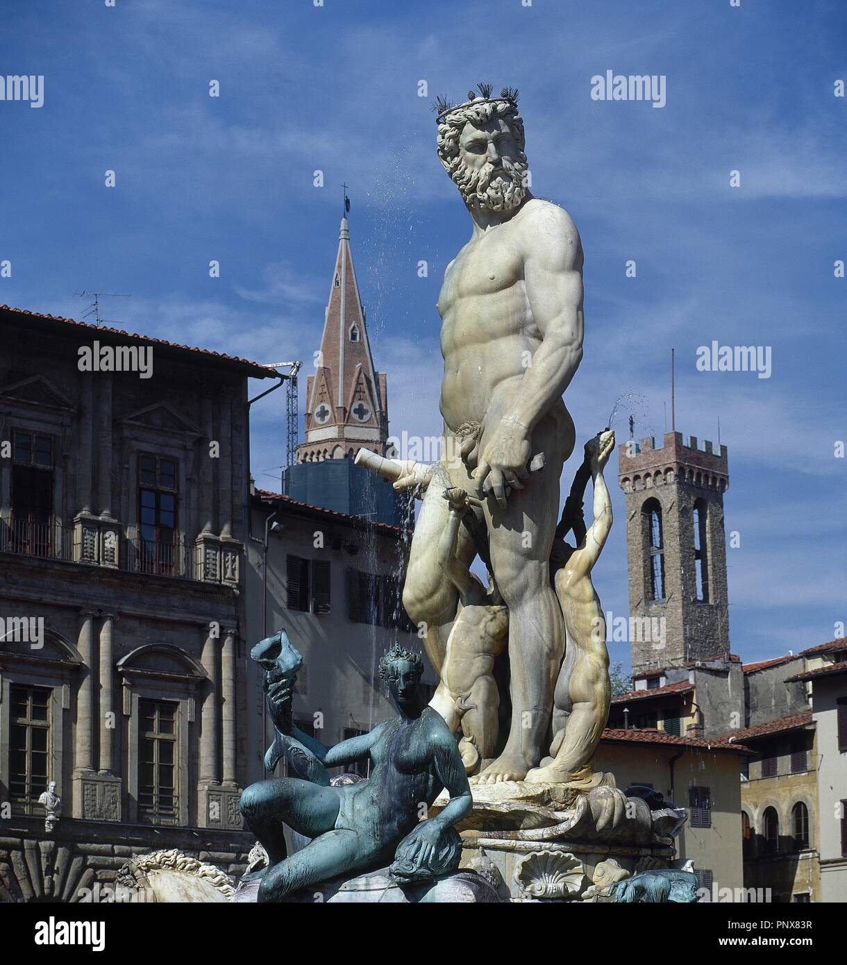 ITALIA. FLORENCIA. Vista de la Fuente de Neptuno, obra realizada por Bartolomeo Ammannati y sus ayudantes entre 1563 y 1575. Fue mandada construir por Cosimo I y se encuentra ubicada en la piazza della Signoria. La Toscana. Banque D'Images