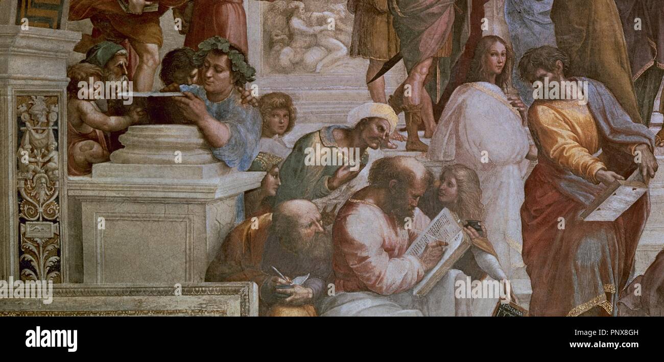'L'École d'Athènes (Détail)', 1510, fresque, avant restauration. Auteur : Raphaël. Emplacement : MUSEOS VATICANOS-Estancia del Sello. VATICANO. Banque D'Images