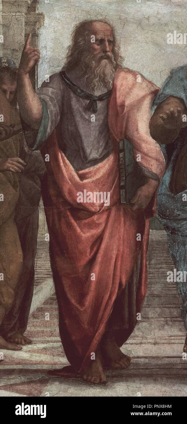 'L'École d'Athènes. Détail de Platon", 1510, fresque, avant restauration. Auteur : Raphaël. Emplacement : MUSEOS VATICANOS-Estancia del Sello. VATICANO. Banque D'Images
