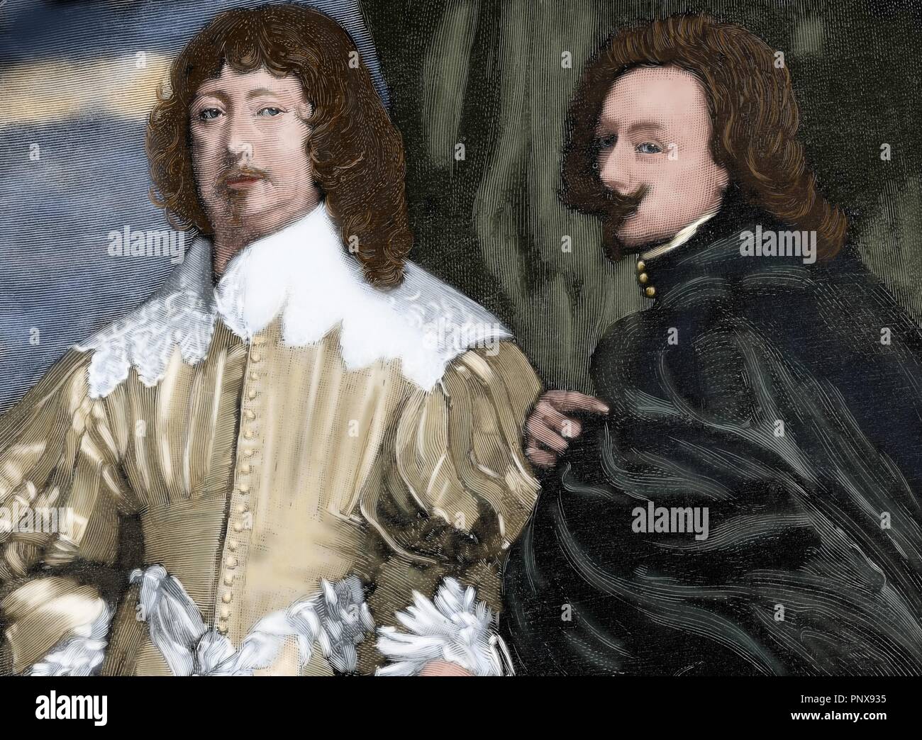 Peintre flamand Anthony Van Dyck (1599-1641) et homme politique anglais Lord John Digby (1580-1653), 1 Comte de Bristol. Gravure d'après une peinture de Van Dyck. L'illustration espagnole et américaine, 1884. Gravure en couleur. Banque D'Images