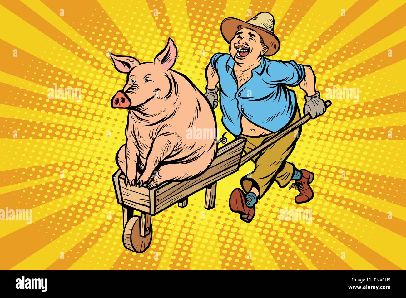 Un agriculteur transporte un cochon sur une brouette en bois Illustration de Vecteur