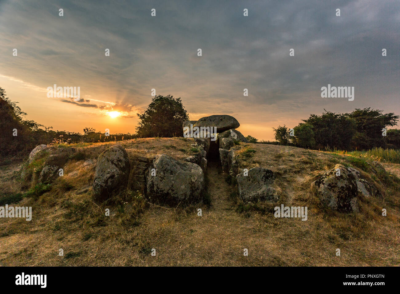 Danemark, île de Møn Sprve dolmen, une tempête d'été approche.Un des nombreux dolmens danois.Danemark, Europe Banque D'Images