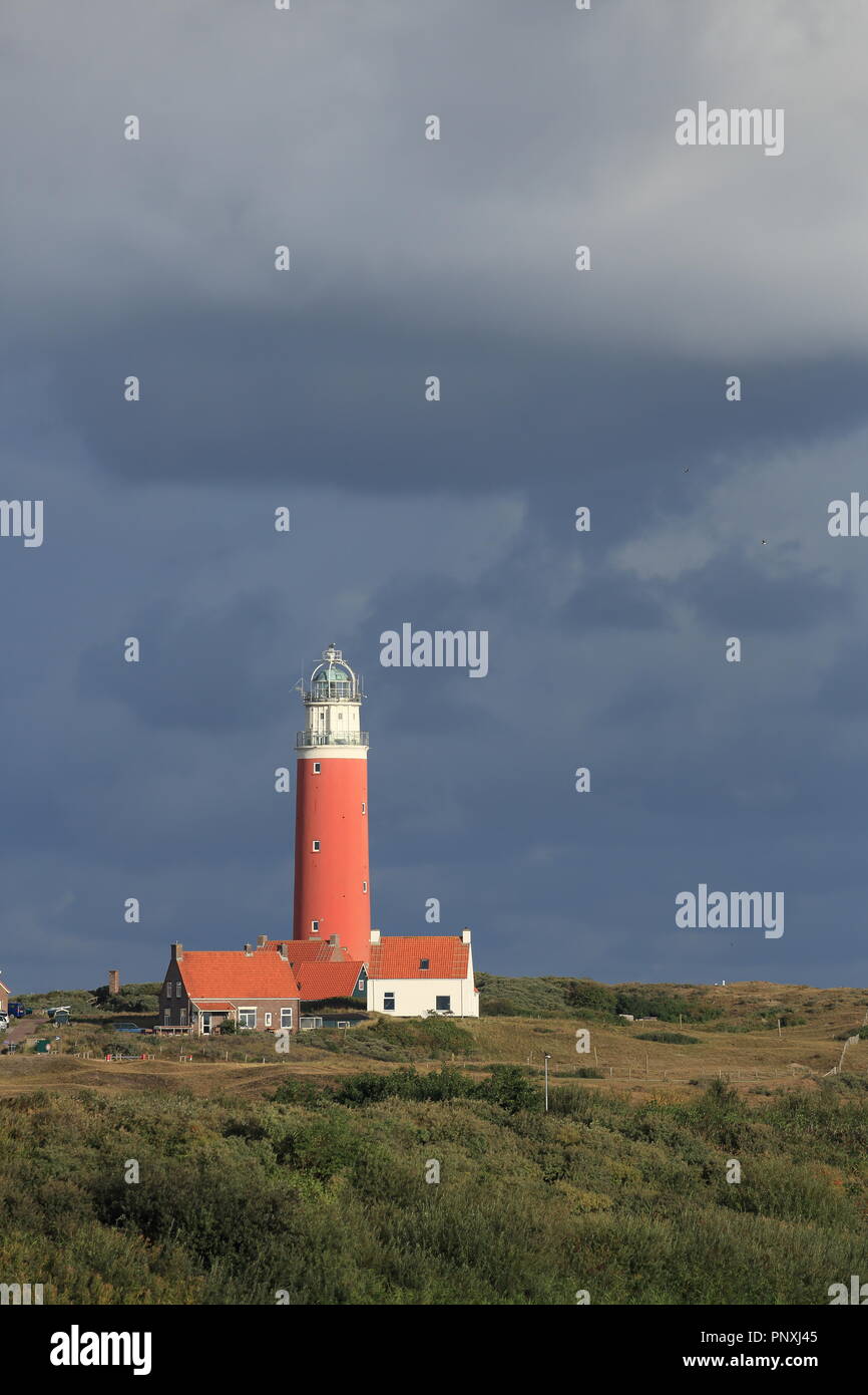 Le phare rouge et les maisons sur l'île de Texel, Hollande Banque D'Images