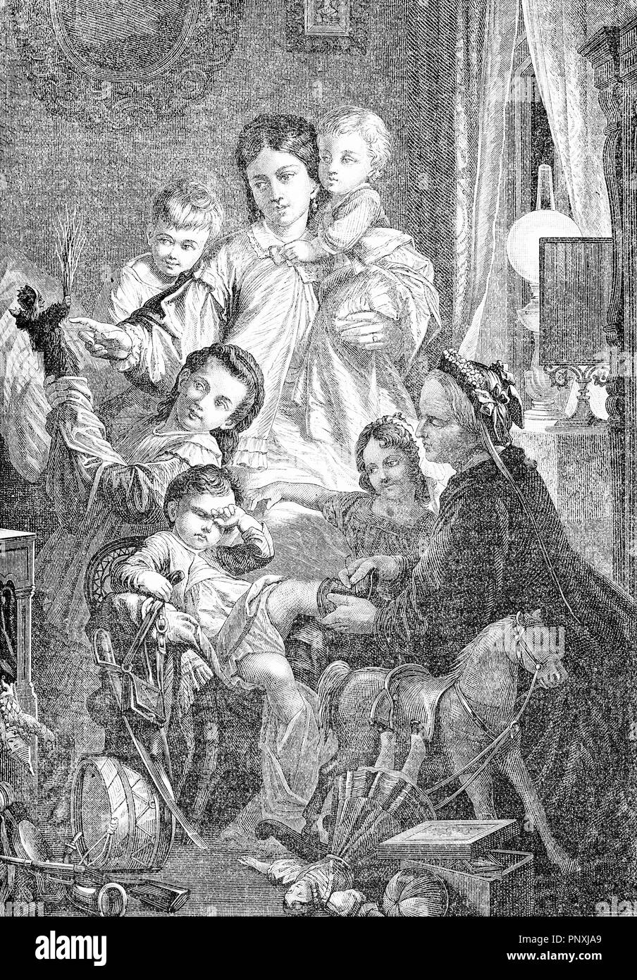 L'avent sainte nuit de Noël, dans la famille, joli gâchis dans la chambre à coucher, gravure d'époque Banque D'Images