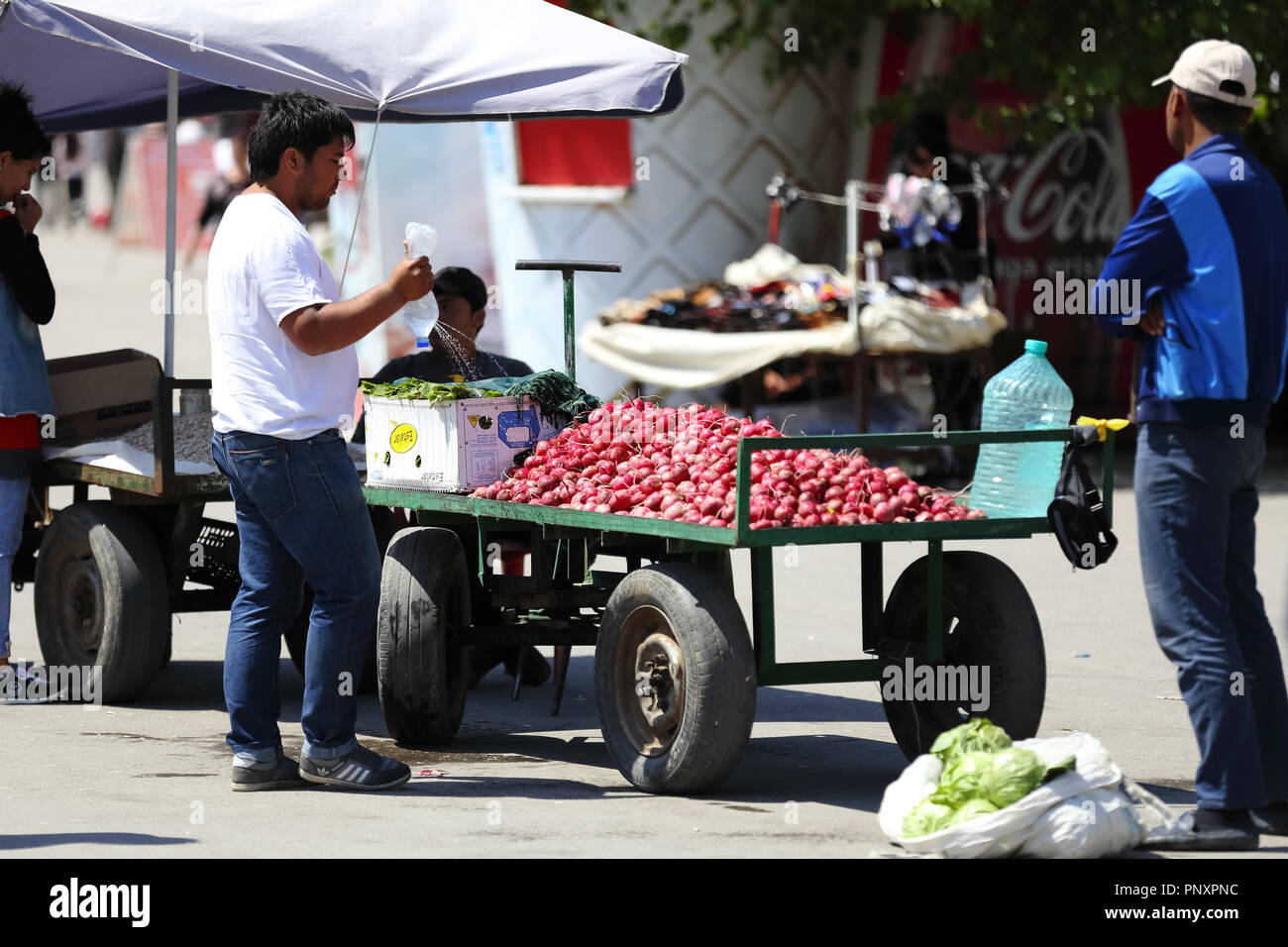 Tachkent, Ouzbékistan - 01 mai 2017 : Inconnu L'oignon vendeur sur le côté rue de l'eau d'arrosage sur l'oignon pour la maintenir fraîche dans la zone de marché Chorsu. Banque D'Images