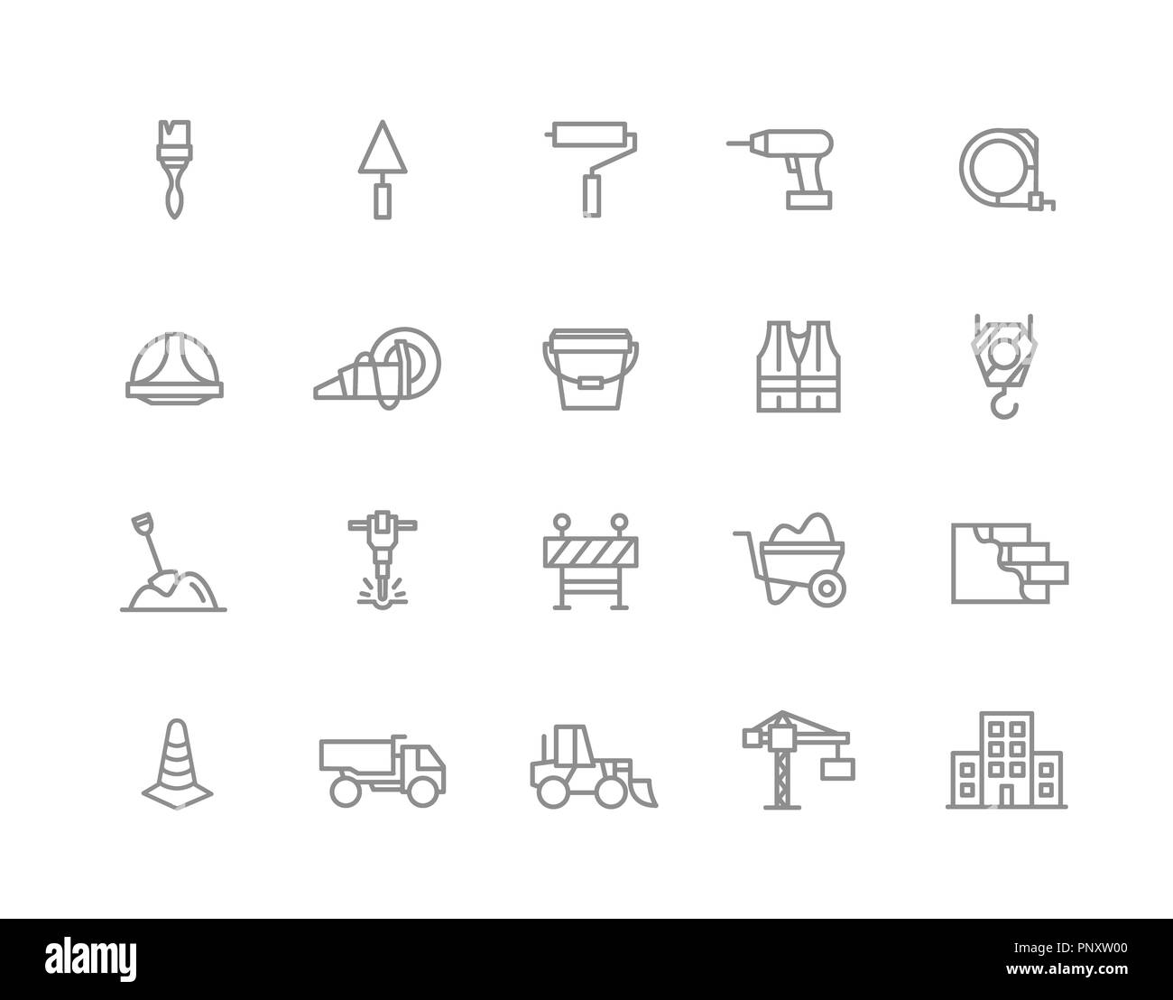 Jeu de construction et réparer la conduite d'icônes. Brosse, rouleau, percer, casque, de la peinture, cône, grue, crochet, mur, camion, cament, pelle, marteau-piqueur, vêtements de travail, d'une clôture, constructeur et bien plus encore. Avc. modifiable Banque D'Images