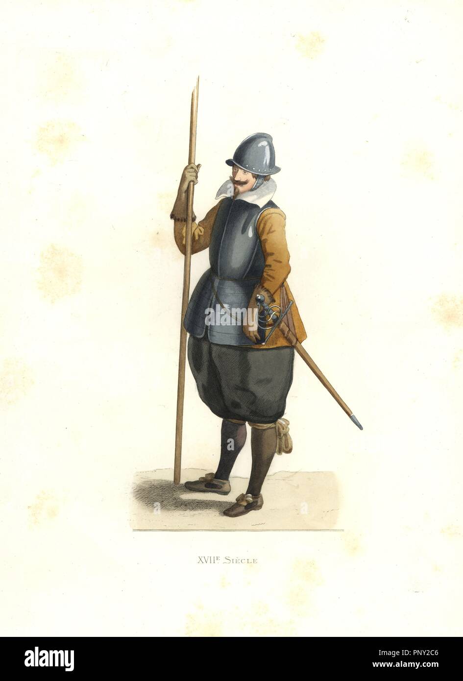 Pikeman, la Flandre française, 17e siècle. Coloriée illustration par E. Lechevallier-Chevignard, lithographiée par A. Didier, L. Flameng, F. Laguillermie, de Georges Duplessis's 'Costumes historiques des XVIe, XVIIe et XVIIIe siecles" (costumes historiques des xvie, xviie et xviiie siècles), Paris 1867. Le livre a été une continuation de la série sur les costumes de la 12e à la 15e siècles publié par Camille Bonnard et Paul Mercuri à partir de 1830. Georges Duplessis (1834-1899) a été conservateur de la ministère imprime à la Bibliothèque nationale. Edmond Lechevallier-Chevignard (1825-1902) était un un Banque D'Images