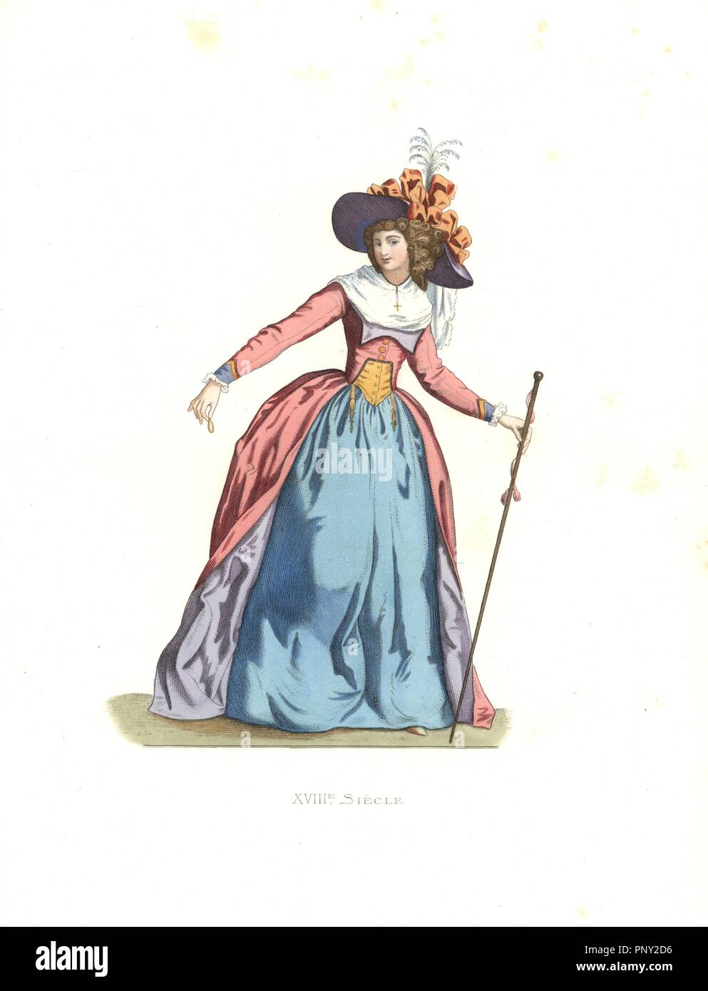 Mode femme, France, 18e siècle. Coloriée illustration par E. Lechevallier-Chevignard, lithographiée par A. Didier, L. Flameng, F. Laguillermie, de Georges Duplessis's 'Costumes historiques des XVIe, XVIIe et XVIIIe siecles" (costumes historiques des xvie, xviie et xviiie siècles), Paris 1867. Le livre a été une continuation de la série sur les costumes de la 12e à la 15e siècles publié par Camille Bonnard et Paul Mercuri à partir de 1830. Georges Duplessis (1834-1899) a été conservateur de la ministère imprime à la Bibliothèque nationale. Edmond Lechevallier-Chevignard (1825-1902) était un Banque D'Images
