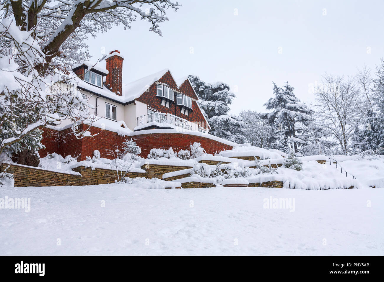 L'arrière sur le jardin d'une grande chambre et Tarrant de terrasses couvertes de neige à Woking, Surrey, UK couverts dans la neige profonde au cours de fortes chutes de neige en hiver Banque D'Images