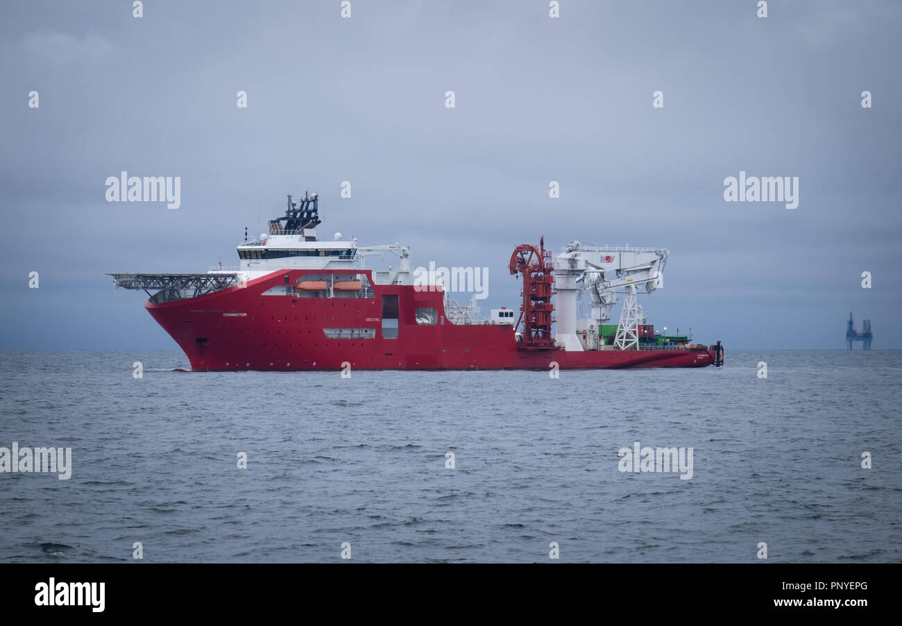 Poser le câble connecteur, navire, l'installation d'un des trois câbles d'exportation pour l'éolien offshore Hornsea (un projet) au cours de la construction en 2018 Banque D'Images