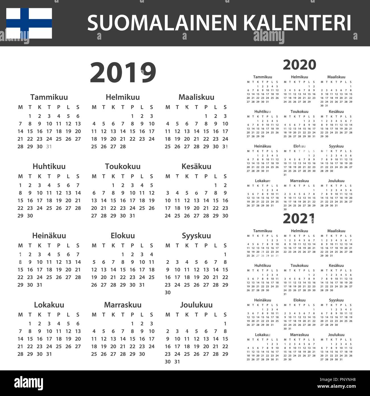 Calendrier des Finlandais en 2019, 2020 et 2021. Planificateur, ou de l'ordre du modèle de journal. Semaine commence le lundi Illustration de Vecteur