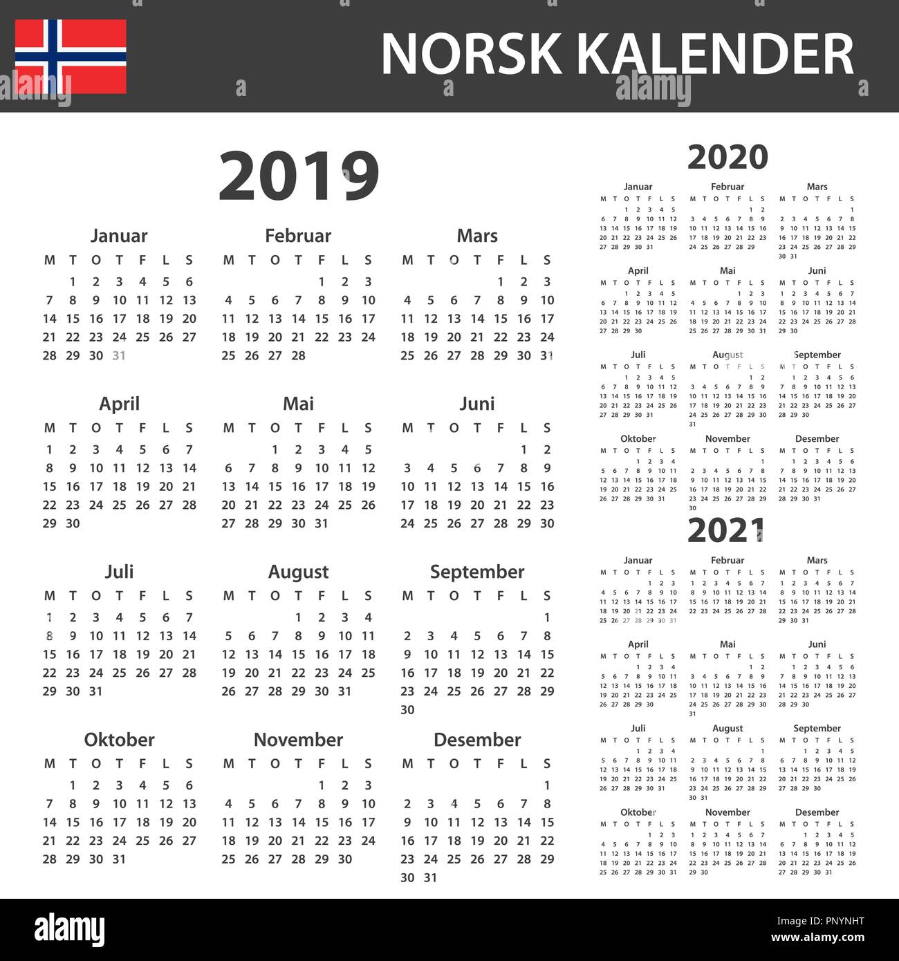 Calendrier norvégien pour 2019, 2020 et 2021. Planificateur, ou de l'ordre du modèle de journal. Semaine commence le lundi Illustration de Vecteur