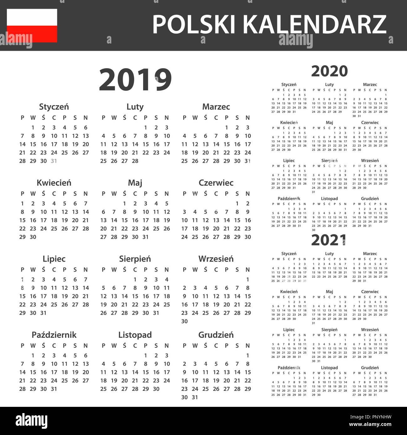 Calendrier des Polonais en 2019, 2020 et 2021. Planificateur, ou de l'ordre du modèle de journal. Semaine commence le lundi Illustration de Vecteur