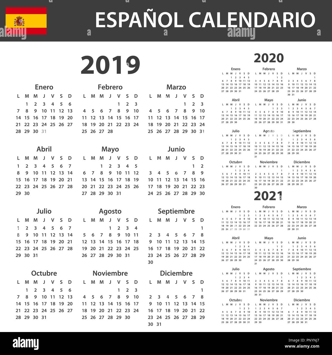 Calendrier espagnol pour 2019, 2020 et 2021. Planificateur, ou de l'ordre du modèle de journal. Semaine commence le lundi Illustration de Vecteur