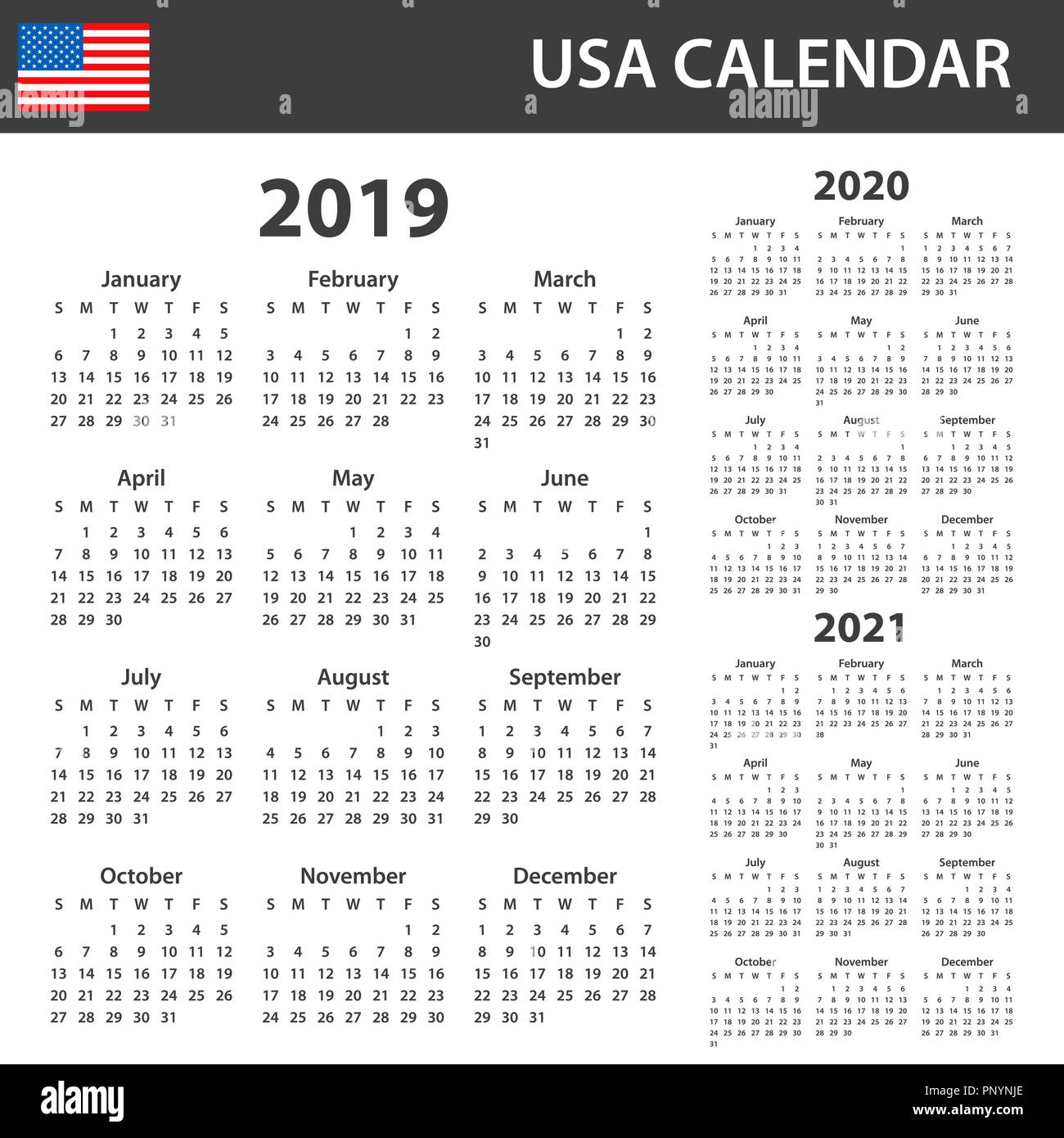Calendrier pour 2019 USA, 2020 et 2021. Planificateur, ou de l'ordre du modèle de journal. Semaine commence le dimanche Illustration de Vecteur