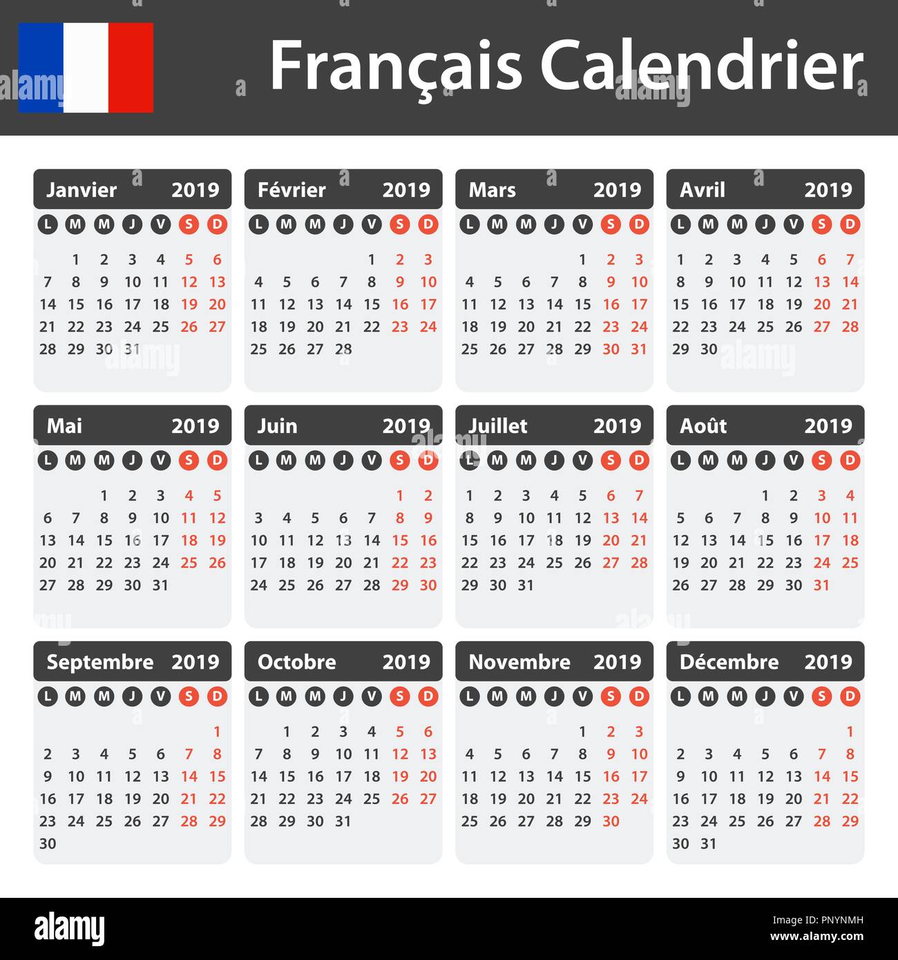 Calendrier pour 2019. Planificateur, ou de l'ordre du modèle de journal. Semaine commence le lundi Illustration de Vecteur