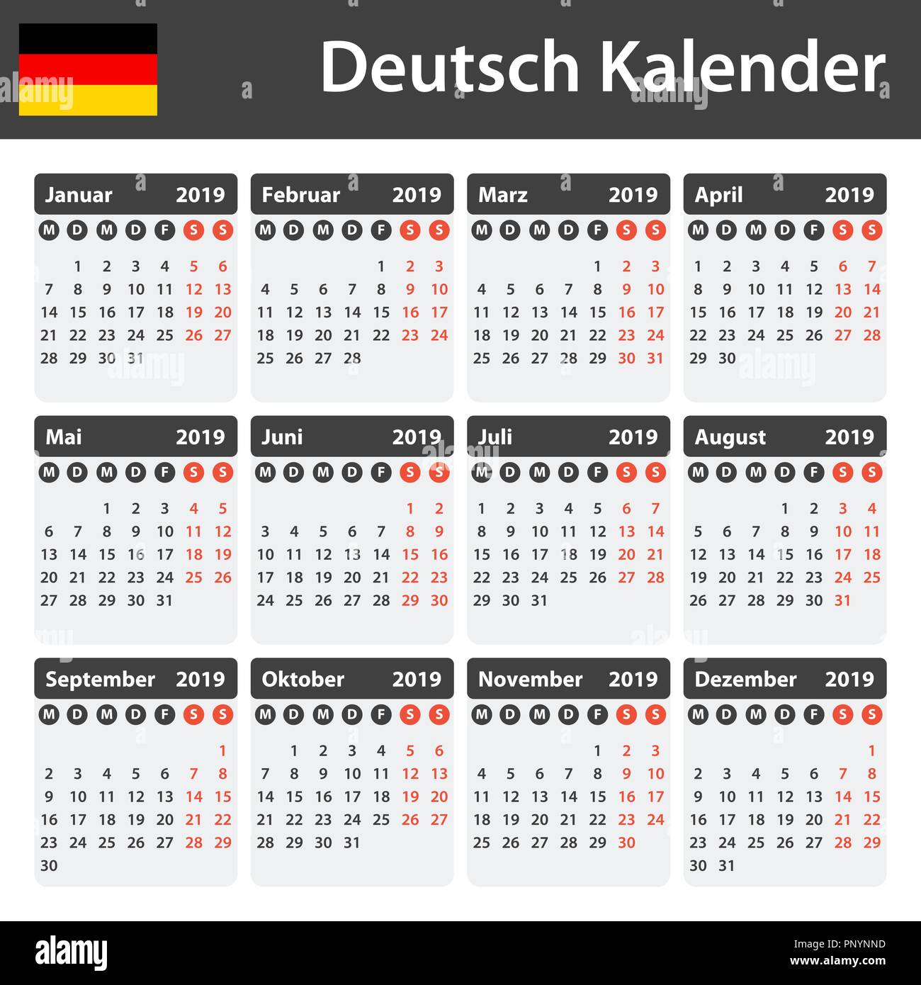 Calendrier allemand pour 2019. Planificateur, ou de l'ordre du modèle