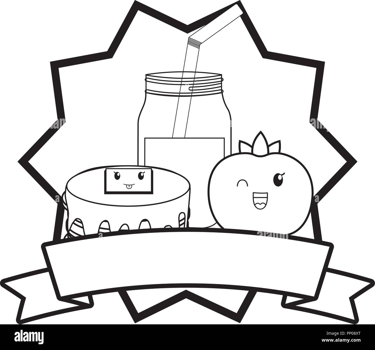 Kawaii emblème de crêpes et de jus d'orange sur fond blanc, vector illustration Illustration de Vecteur