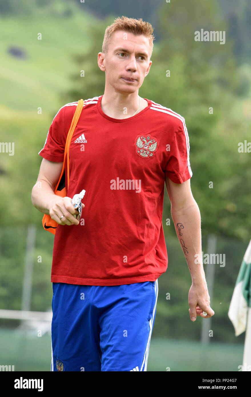 Neustift, Tyrol, Autriche - le 22 mai 2018. Joueur de football russe Andrey Semenov lors de camp d'entraînement à Neustift im Stubaital, Autriche. Banque D'Images