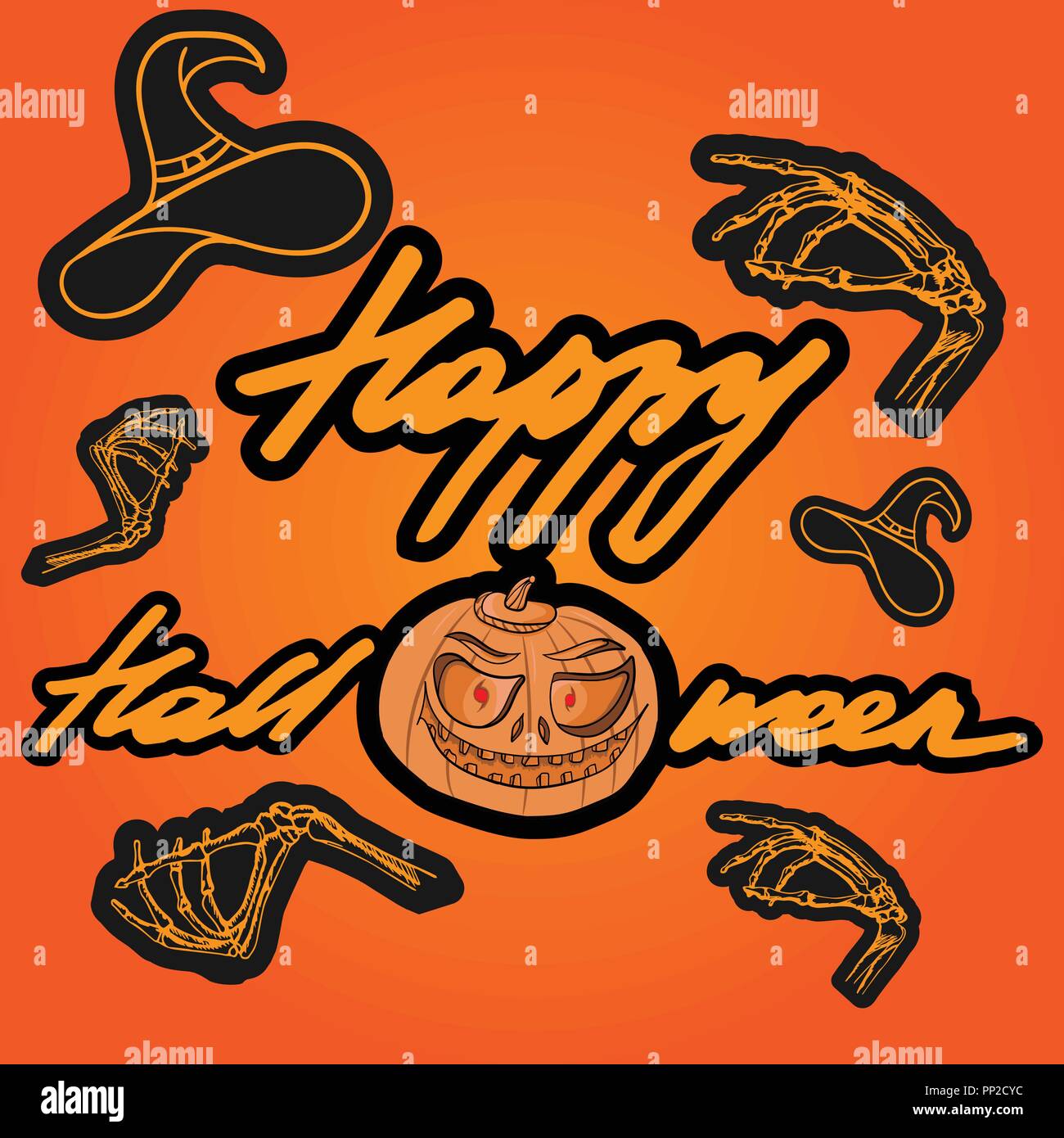 Happy Halloween. Letitering avec éléments créatifs. Lanterne citrouille, les os et chapeau de sorcière. L'arrière-plan. Jack-o'-lantern dessin à la main Illustration de Vecteur