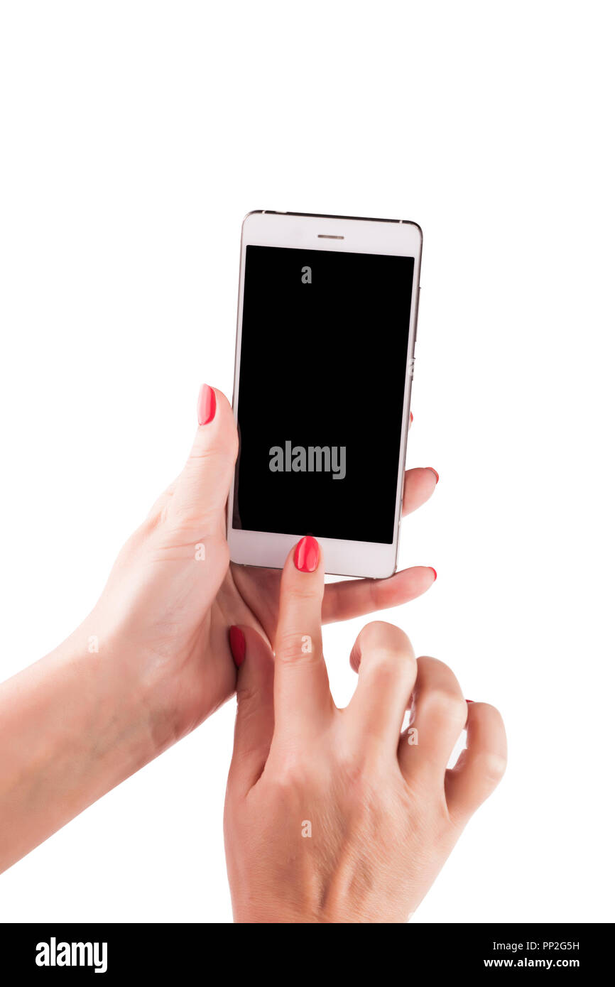 Femme Hand holding et touchant un Mobile Smartphone Banque D'Images