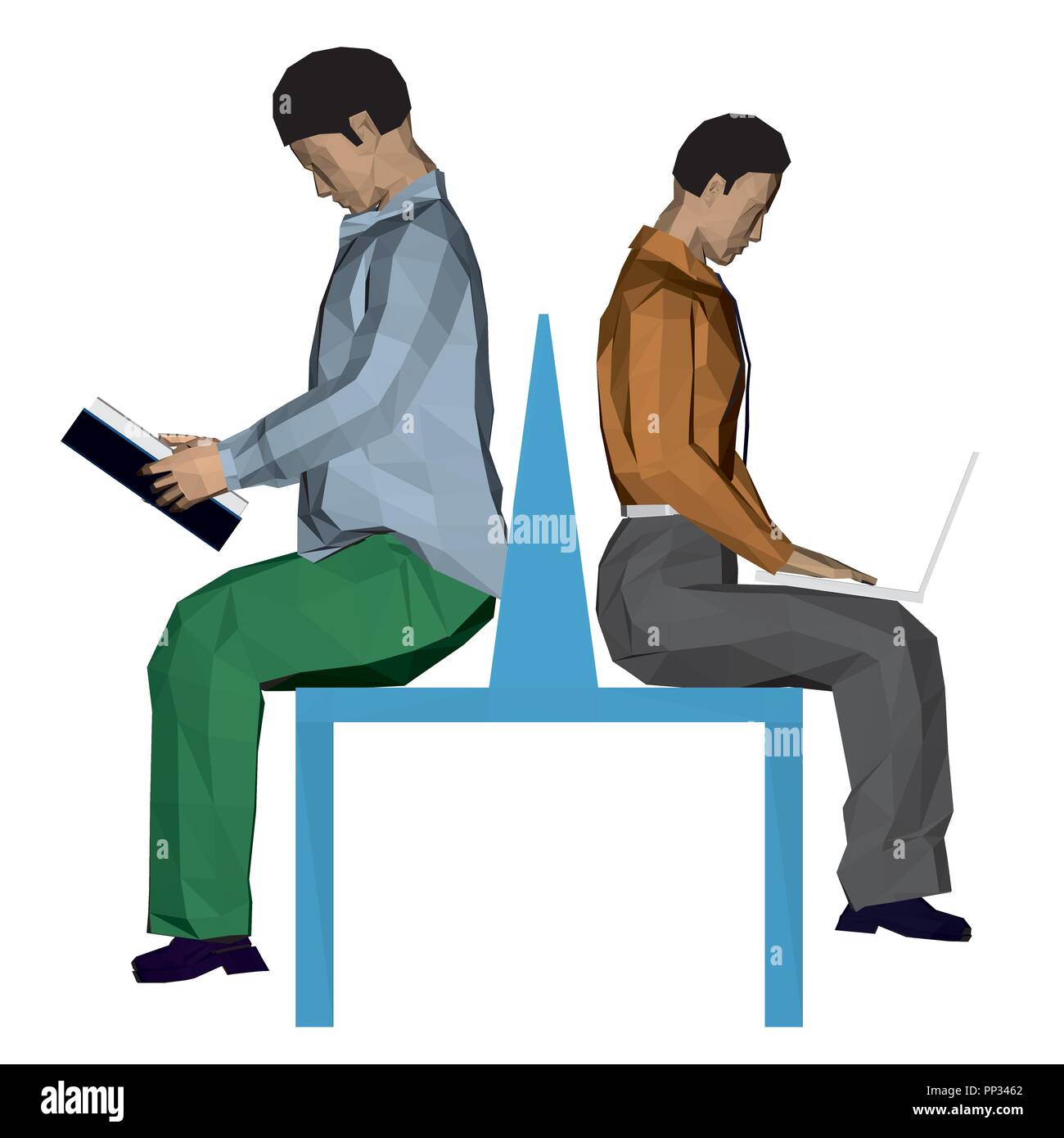 Vector illustration de deux hommes assis sur le banc. L'un est en train de lire un livre et l'autre fonctionne avec un ordinateur portable. 3D. Illustration de Vecteur