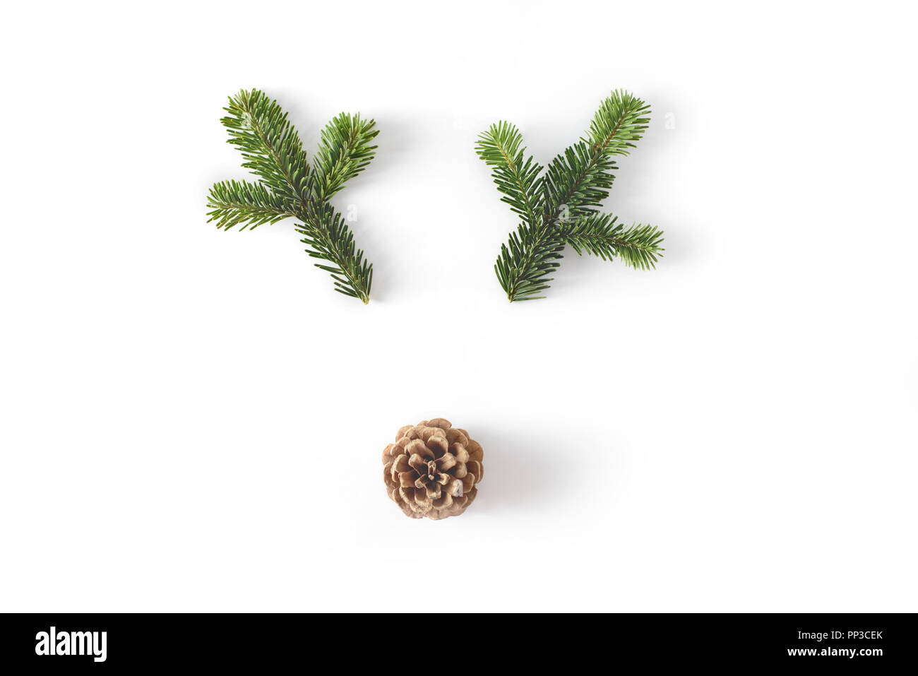 Le cerf de Noël drôle de visage faites de branches de sapins et de conifères cône isolé sur blanc. Nouvel an fête concept. Banque D'Images