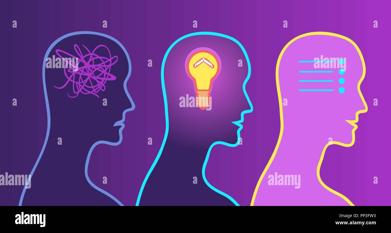 Processus de prise de décision, de l'éclairage dans la tête. Problème résolu. Illustration de Vecteur