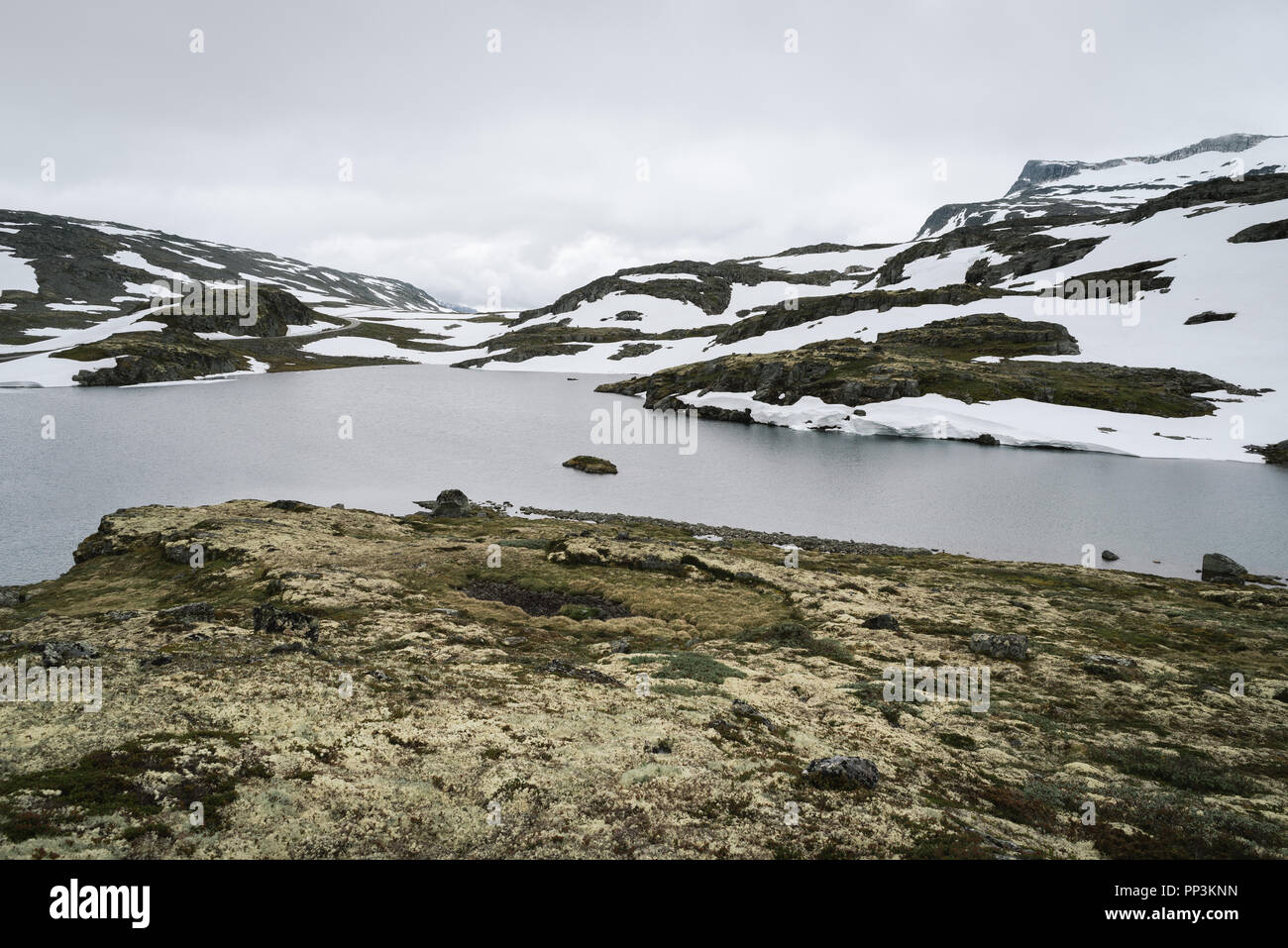 Scenic Route norvégienne. Aurlandsfjellet Flyvotni lake, la Norvège. Paysage du nord de graves Banque D'Images