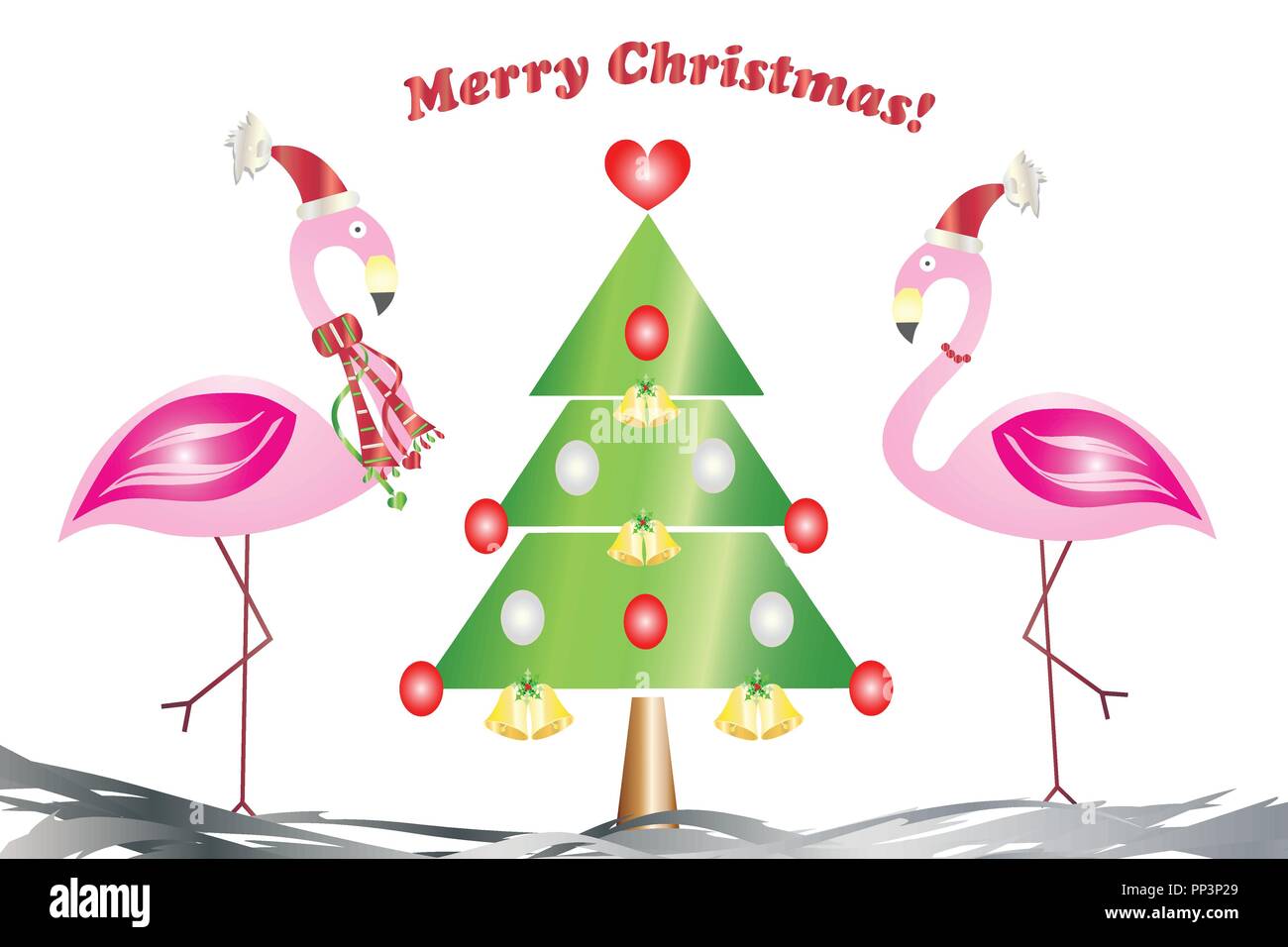 Joyeux Noel Carte Deux Flamants Roses Dans L Amour Avec Le Vecteur D Arbres De Noel Image Vectorielle Stock Alamy