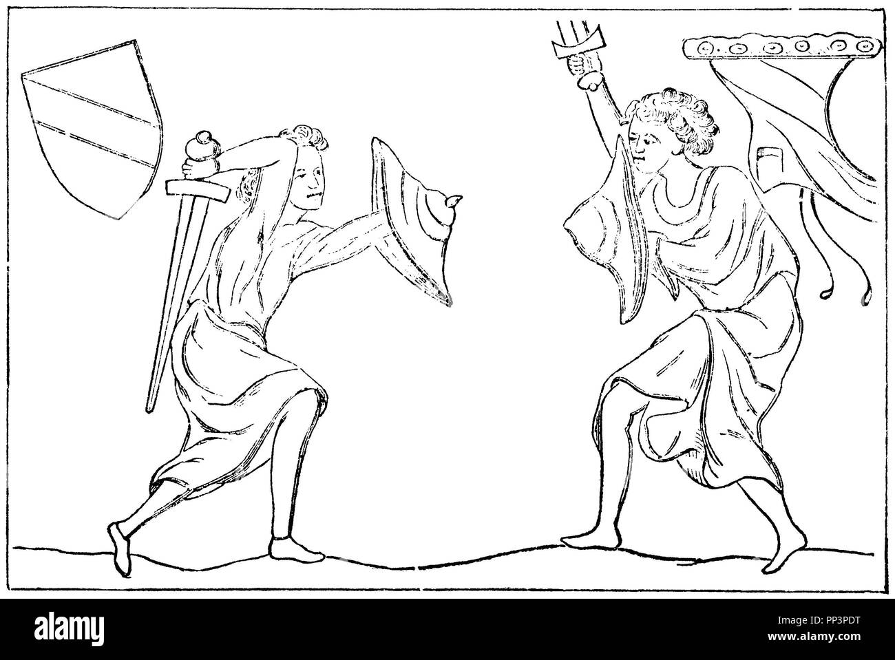 L'Allemagne dans le 13e et 14e siècles : duel. Gravure sur bois après photo en manuscrits, ménestrel contemporain Banque D'Images