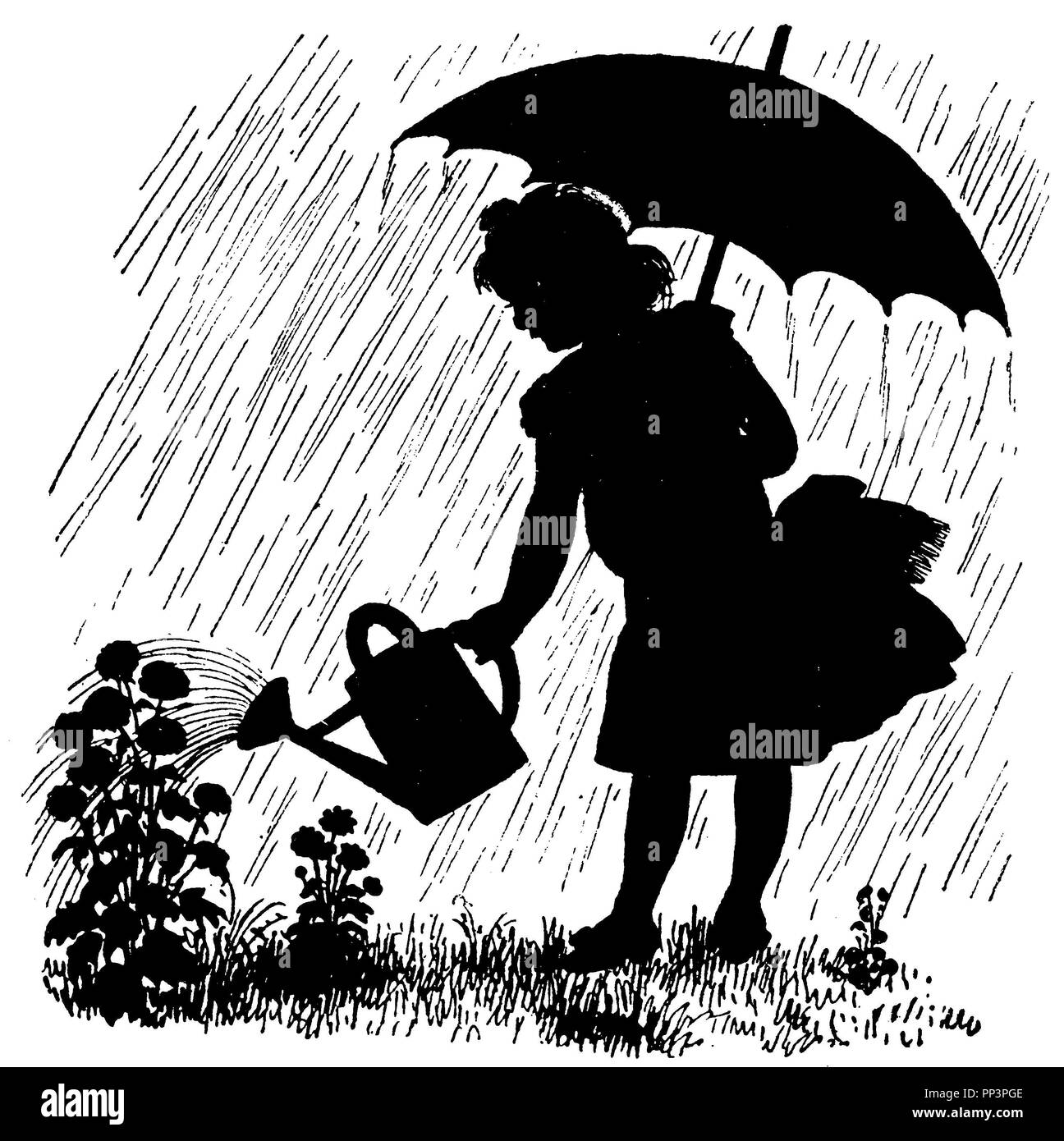 Silhouette : Girl with umbrella et arrosoir verse de fleurs, 1889 Banque D'Images