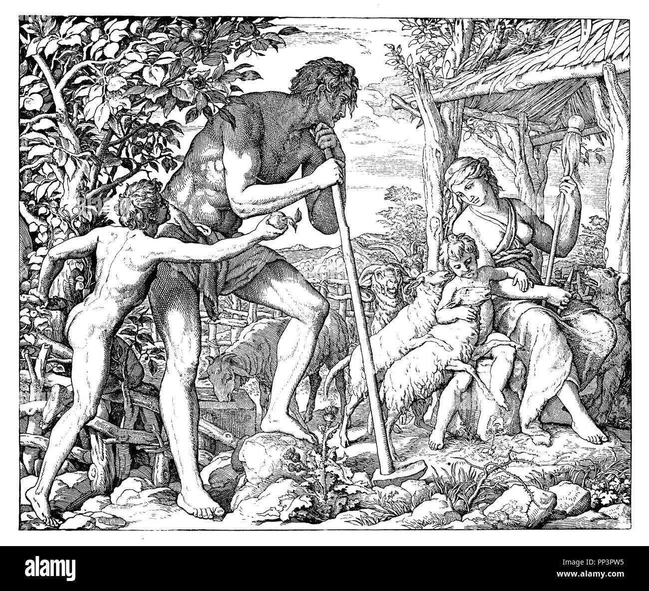 Adam et Eve à l'ardeur au travail après l'expulsion du paradis, Julius Schnorr von Carolsfeld Banque D'Images