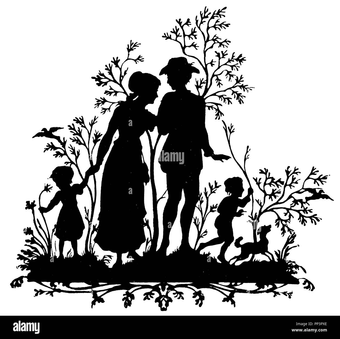 Silhouette, silhouettes : famille sur marche, père, mère, fille, fils, 1897 Banque D'Images