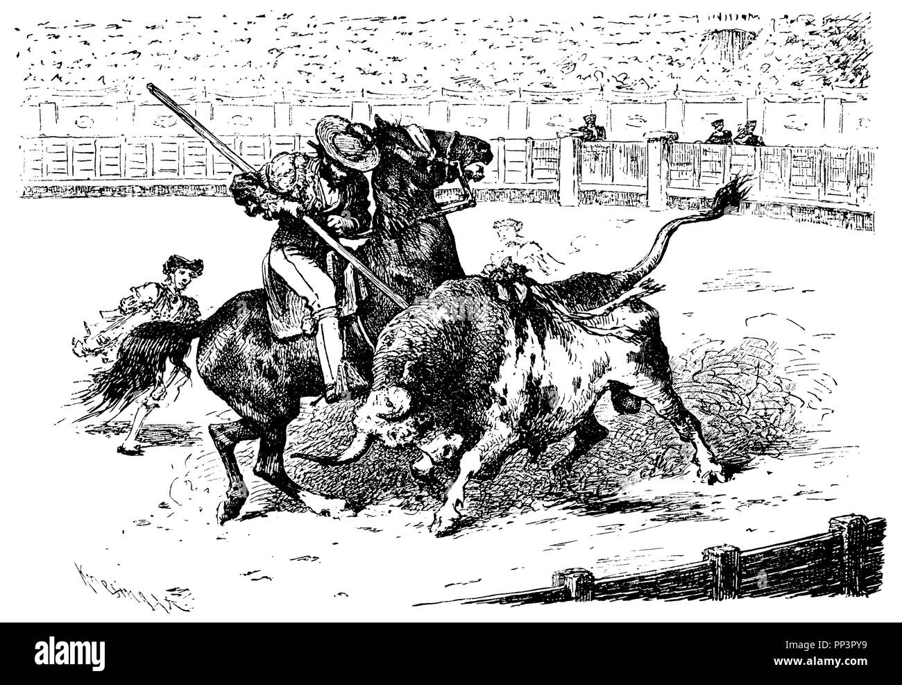Torero sur le cheval en lutte avec le taureau, Banque D'Images