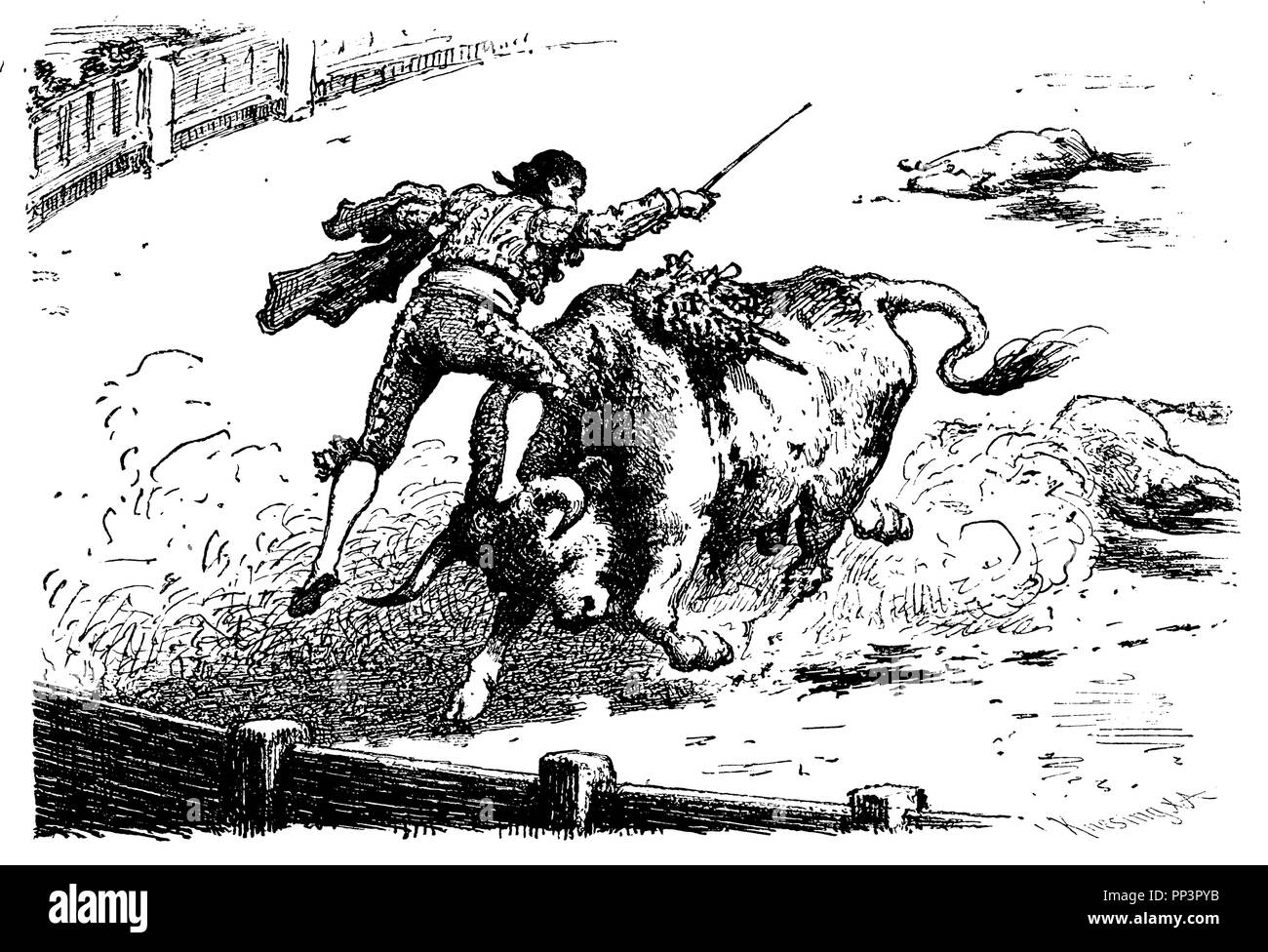 Torero sur le terrain en lutte avec le taureau, Banque D'Images
