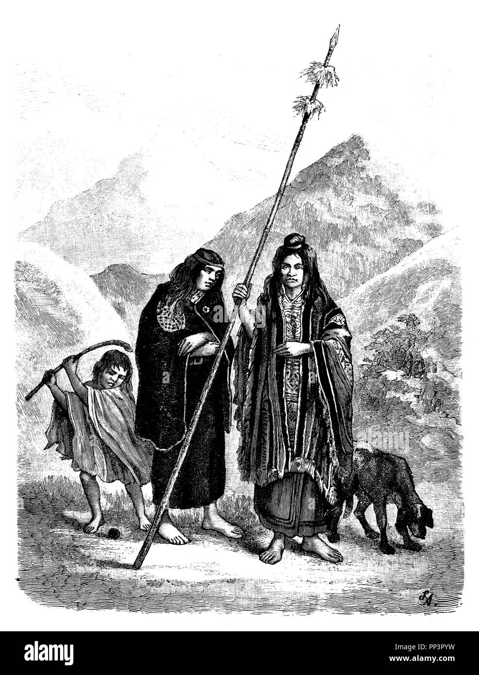 Araucanian avec femme et enfant, Banque D'Images