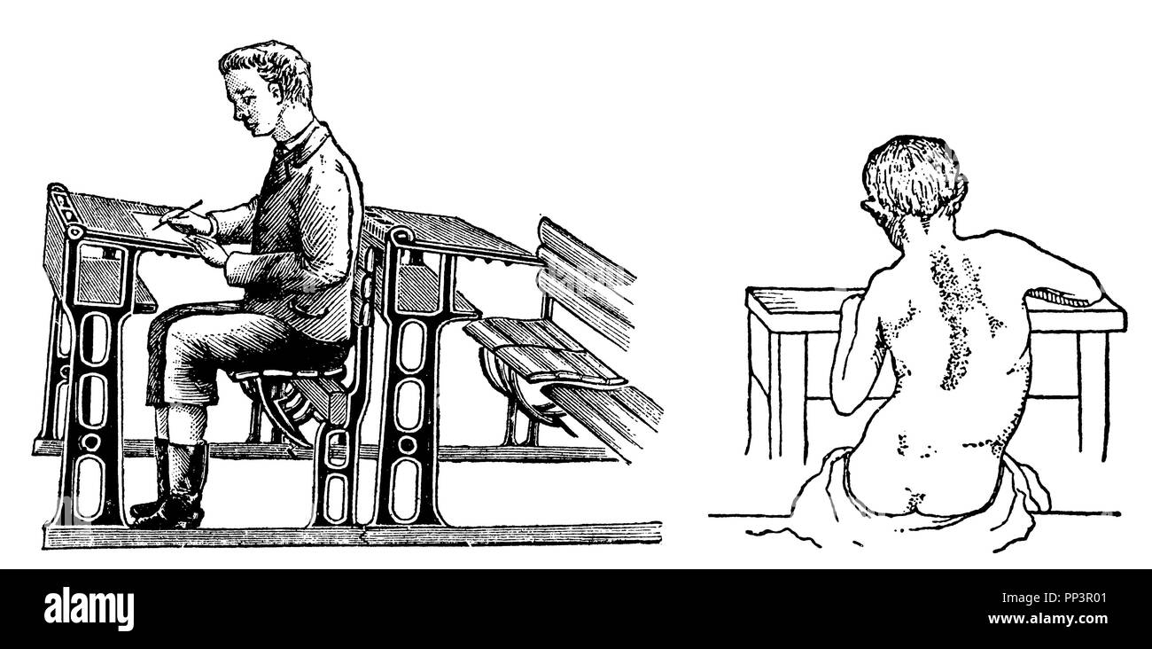 En étudiant l'écriture bonne (à gauche) et les pauvres (à droite) la posture, 1910 Banque D'Images