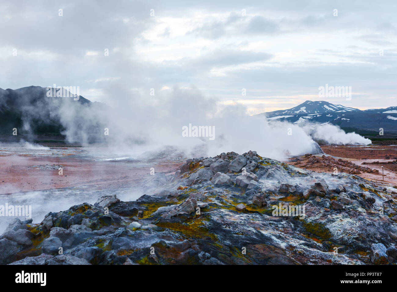 Fumeurs fumerolles sur Hverarond Valley, au nord de l'Islande, de l'Europe. Photographie de paysage Banque D'Images