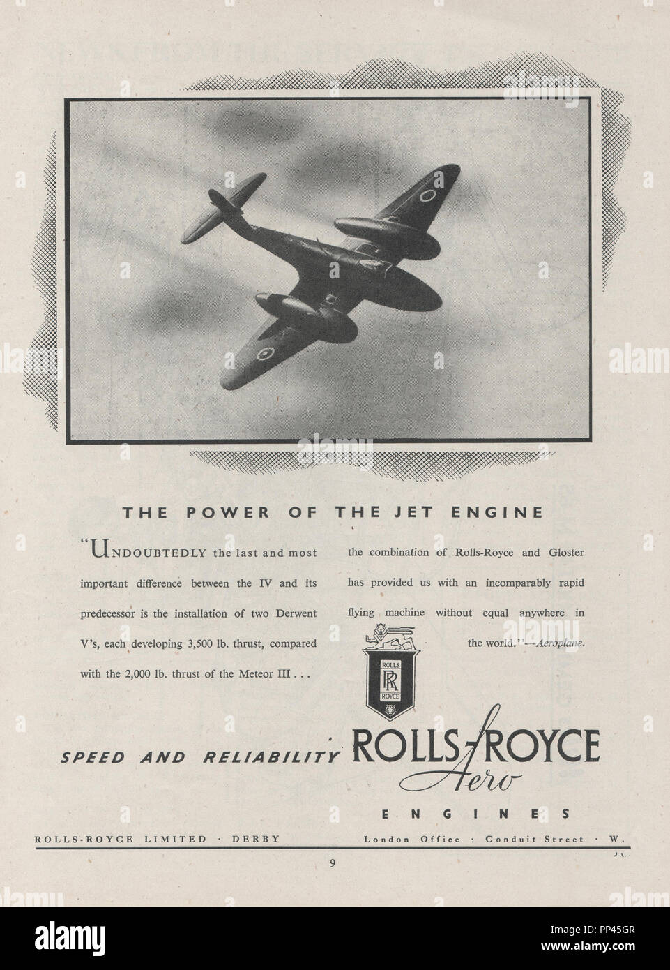 Magazine Vintage Rolls Royce annonce pour les moteurs d avions daté de janvier 1947 doté d'un Gloster Meteor RAF fighter aircraft de la période Banque D'Images