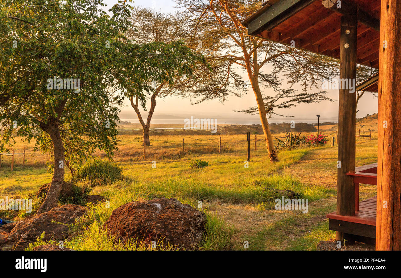 Safari camp au Kenya dans la soirée, le lac Nakuru Banque D'Images