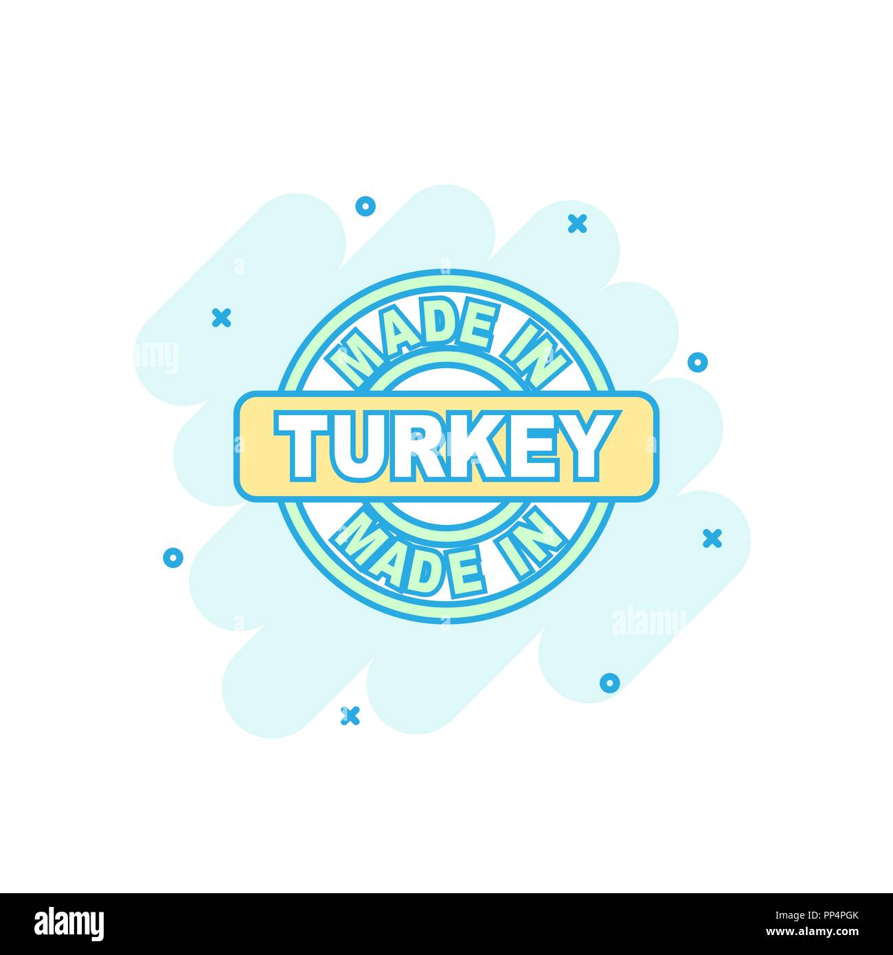 Couleur Caricature faite en Turquie icône dans le style comique. La Turquie signe l'illustration fabriqués pictogramme. Produire splash concept d'entreprise. Illustration de Vecteur