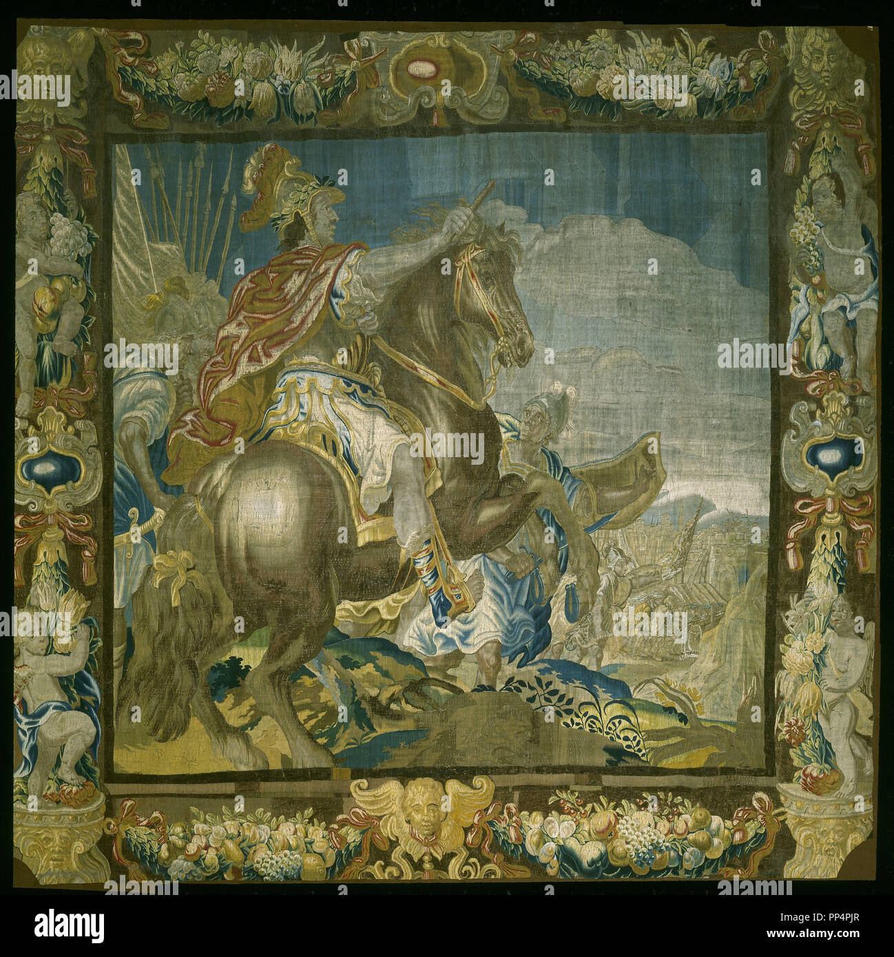 TAPIZ-TRIUNFO DE ALEJANDRO MAGNO MONTANDO UN BUCEFALO-BRUSELES-S XVII-. Emplacement : UNIVERSIDAD. Salamanque. L'ESPAGNE. Banque D'Images