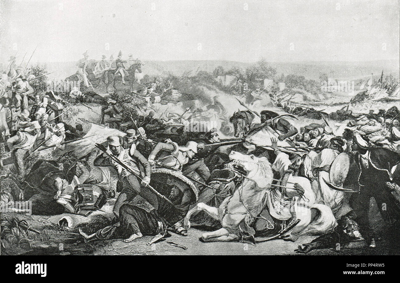 Bataille de Meeanee, 17 février 1843, également connu sous le nom de bataille de Rooms & Apartments Flego, opposant British East India Company et la Cima Talpur du Sind, conduit à la capture de certaines parties de la région du Sindh, la première possession territoriale par la British East India Company dans ce qui est aujourd'hui le Pakistan Banque D'Images