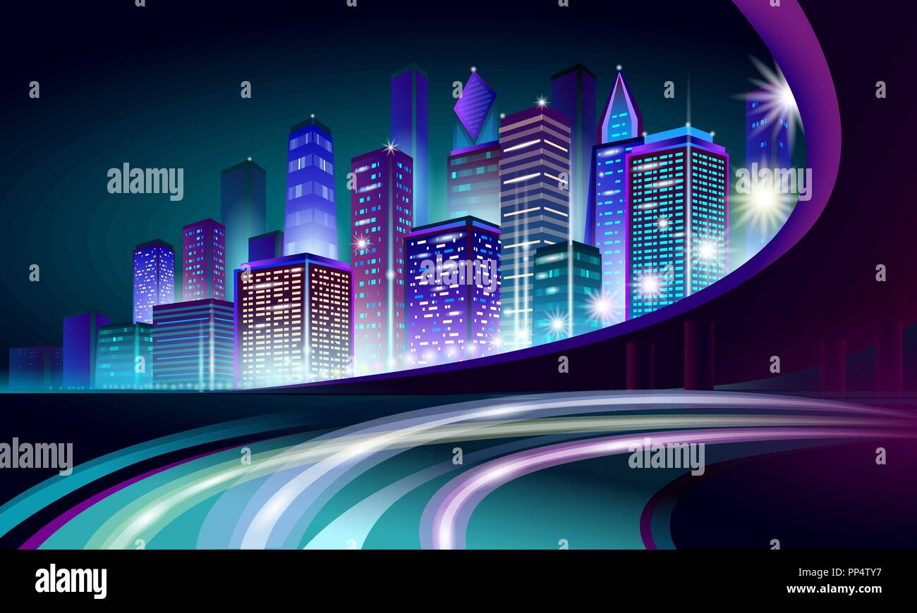 Smart city neon 3D cityscape rougeoyant. L'automatisation du bâtiment intelligent concept d'affaires futuriste de nuit. En ligne web cyberpunk de couleur vive retrowave. Bannière de la technologie urbaine vector illustration Illustration de Vecteur