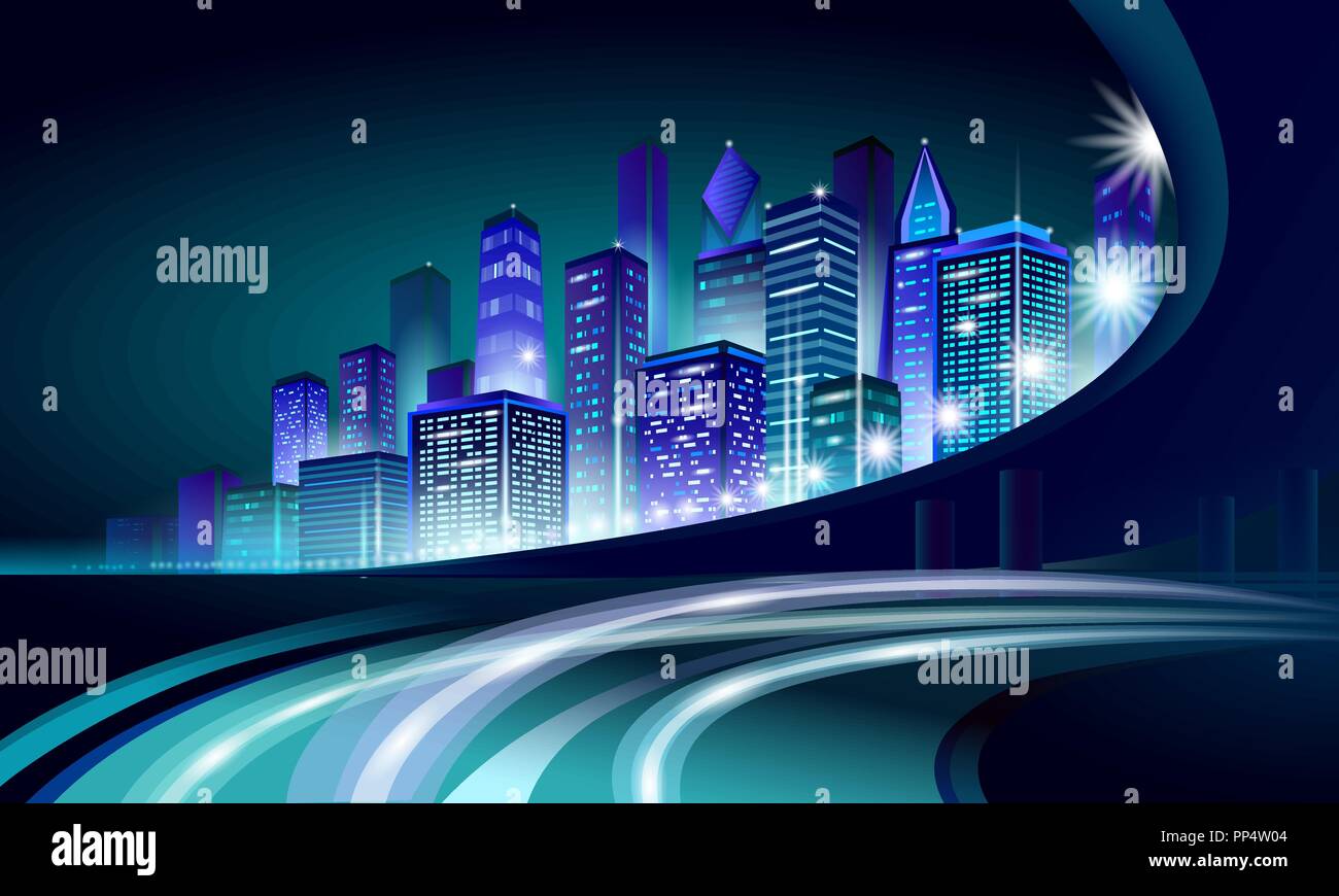 Smart city neon 3D cityscape rougeoyant. L'automatisation du bâtiment intelligent concept d'affaires futuriste de nuit. En ligne web cyberpunk de couleur vive retrowave. Bannière de la technologie urbaine vector illustration Illustration de Vecteur