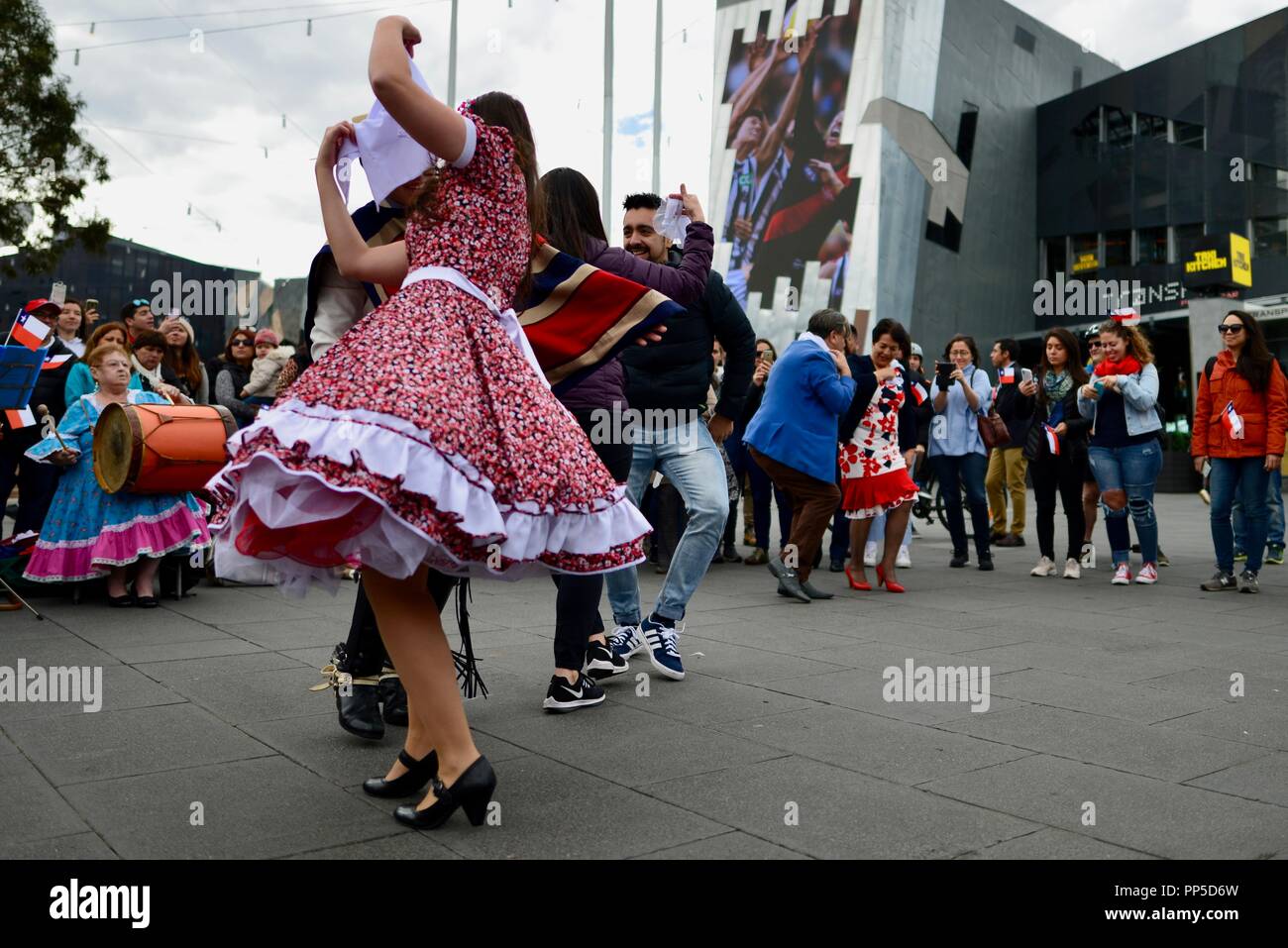 Fiestas Patrias, la terre natale des fêtes, la fête nationale chilienne à Federation Square à Melbourne, VIC, Australie, 18 septembre 2018 Banque D'Images