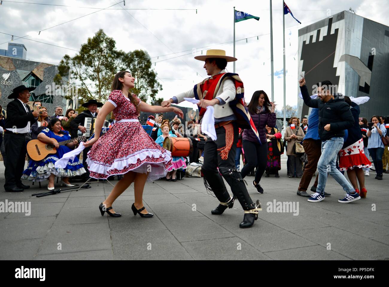 Fiestas Patrias, la terre natale des fêtes, la fête nationale chilienne à Federation Square à Melbourne, VIC, Australie, 18 septembre 2018 Banque D'Images