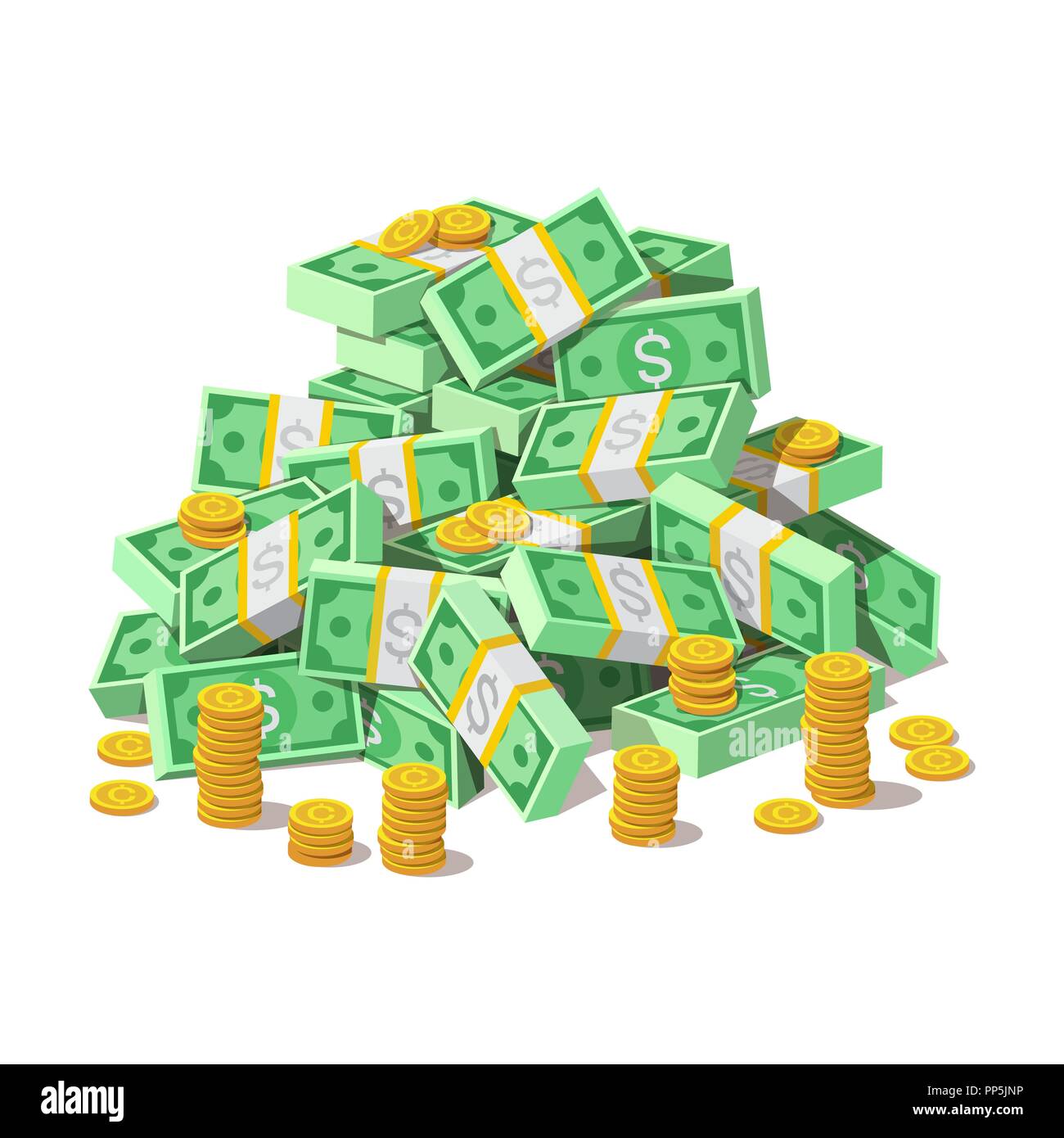 Gros tas de billets de trésorerie de l'argent et des pièces d'or, en cents. Illustration de Vecteur