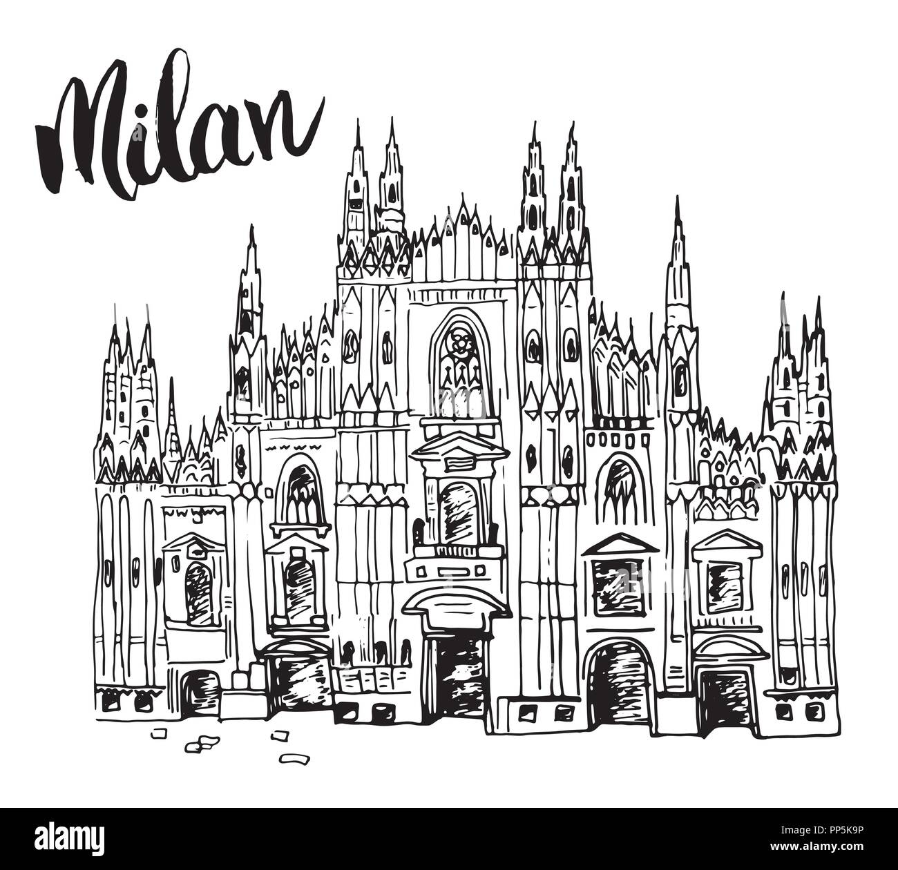 La Cathédrale de Duomo à Milan, Italie. Croquis dessinés à la main, de l'italien célèbre bâtiment de l'église avec lettrage Milan, vector illustration isolated on white backg Illustration de Vecteur